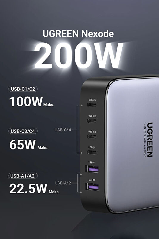 Nexode 200W GaN II 6 Portlu Hızlı Şarj Cihazı İstasyonu 2M Kablolu 3