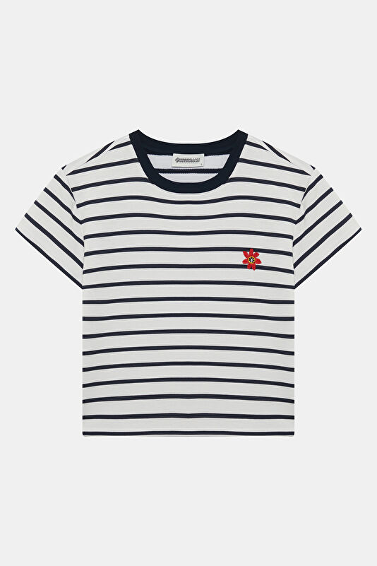 Navy Blue Crew Neck Striped Women's T-Shirt