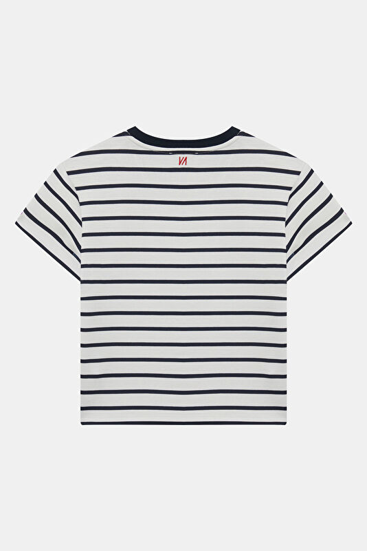Navy Blue Crew Neck Striped Women's T-Shirt 2