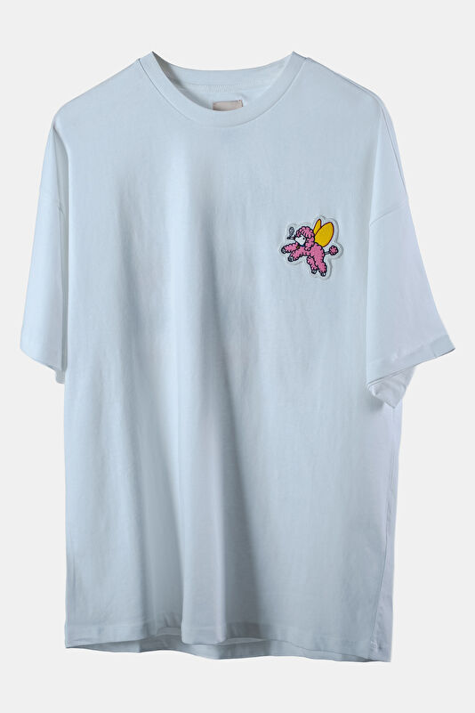 Relax Kalıp Beyaz Bisiklet Yaka Baskılı Erkek T-Shirt