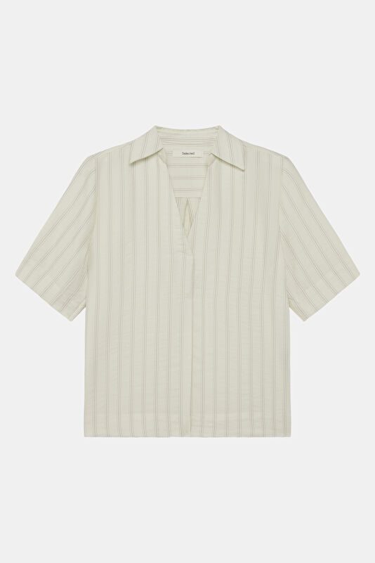 Cream Striped Patterned Short-Sleeved Women's Blouse