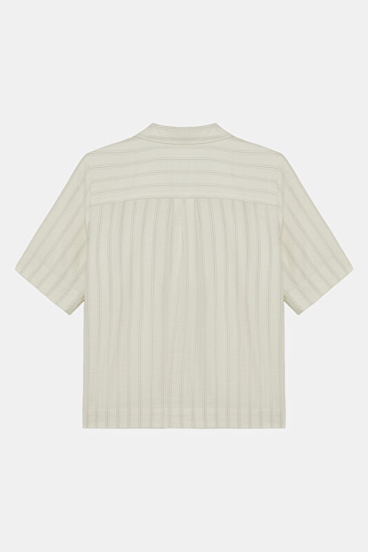 Cream Striped Patterned Short-Sleeved Women's Blouse 2