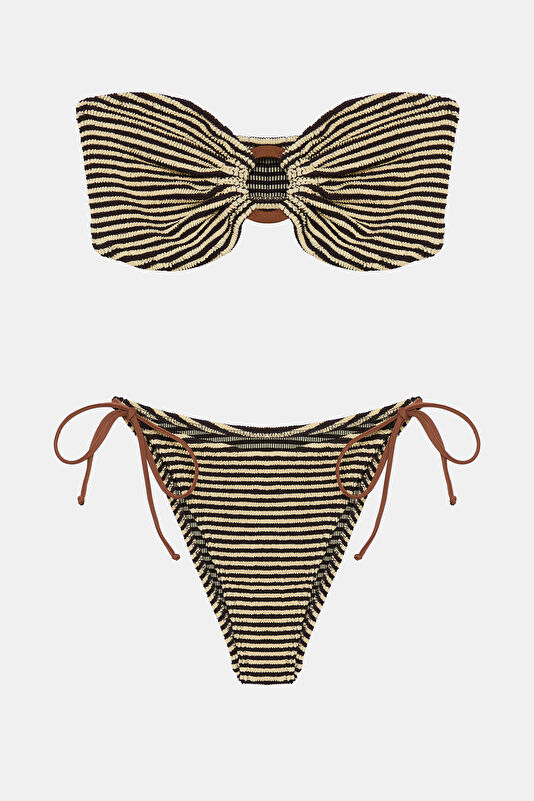 Vizon Çizgili Desenli Bağlamalı Kadın Bikini
