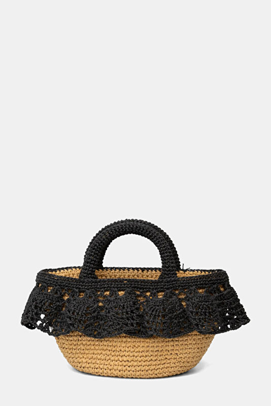 Lace Basket Black Raffia Bag