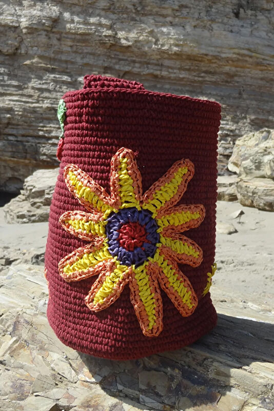 Embroidered Flower Tote Kırmızı Rafya Çanta 2