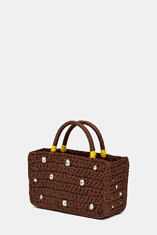 Stud Mini Tote Coffee Raffia Bag