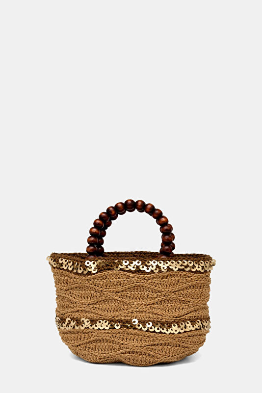 Sequin Bucket Kahve Rafya Çanta