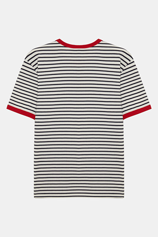 Relax Kalıp Kırmızı Bisiklet Yaka Çizgili Erkek T-Shirt 2