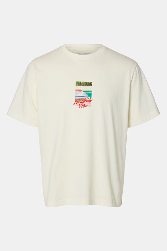 Relax Kalıp Ekru Bisiklet Yaka Baskılı Erkek T-Shirt