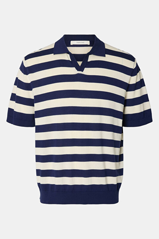 Relax Kalıp Lacivert Polo Yaka Çizgili Erkek T-Shirt