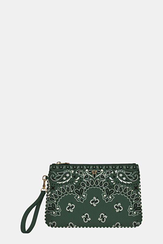 Green Patterned Leather Clutch