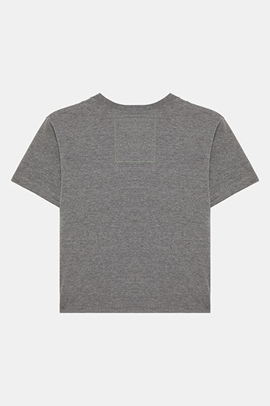 Gri Melanj Bisiklet Yaka Baskılı Kadın T-Shirt 2