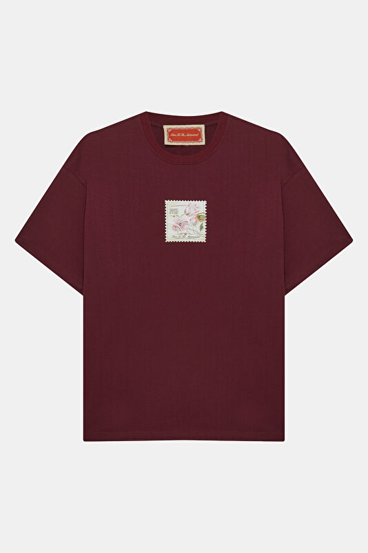 Relax Kalıp Bordo Bisiklet Yaka Baskılı Erkek T-Shirt
