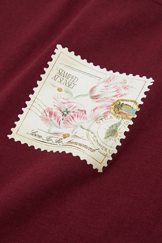 Relax Kalıp Bordo Bisiklet Yaka Baskılı Erkek T-Shirt 4