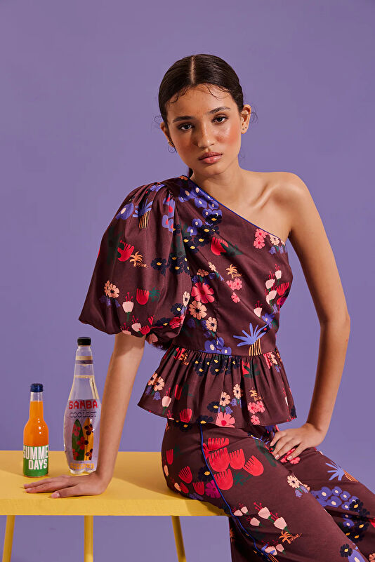 Brown Floral Pattern One Shoulder Women's Blouse 4