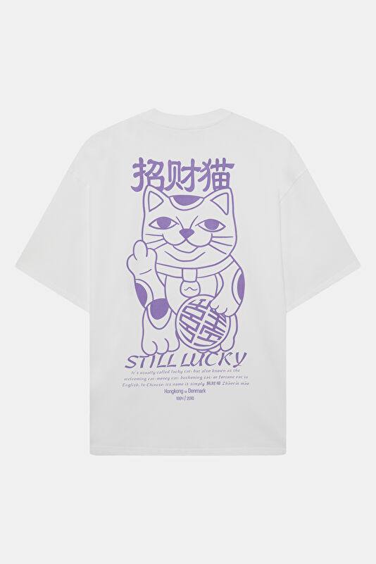 Relax Kalıp Beyaz Bisiklet Yaka Baskılı Erkek T-Shirt 2