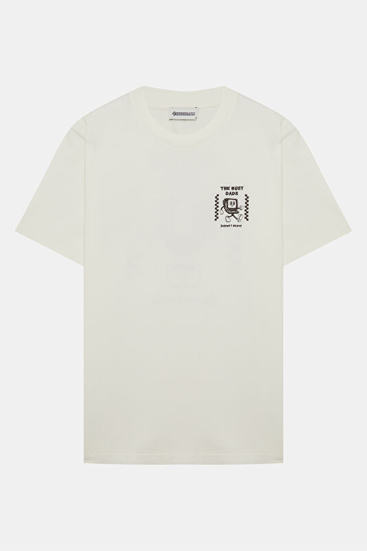 Ekru Bisiklet Yaka Baskılı Erkek T-Shirt