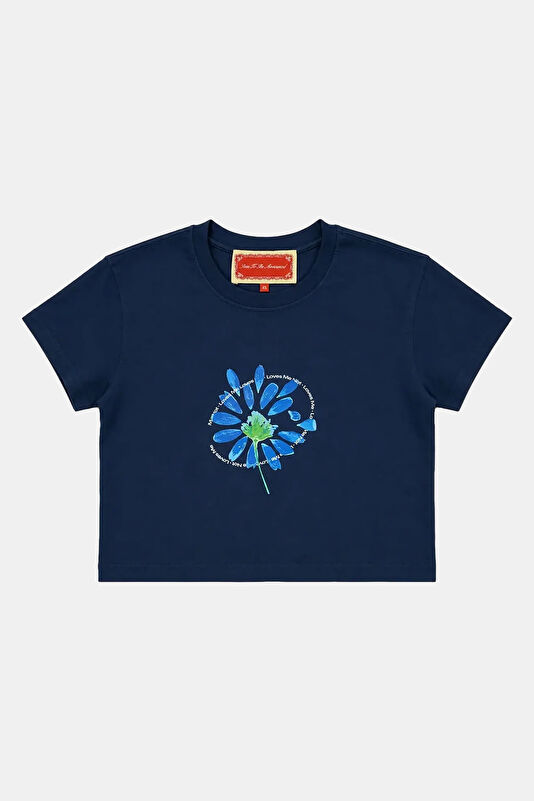 Lacivert Bisiklet Yaka Desenli Kadın T-Shirt
