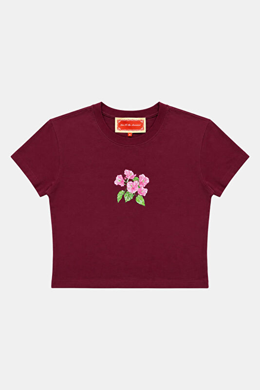 Bordo Bisiklet Yaka Desenli Kadın T-Shirt