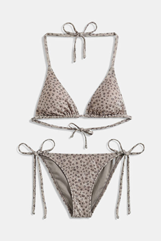 Bej Çiçek Desenli Bağcıklı Kadın Bikini
