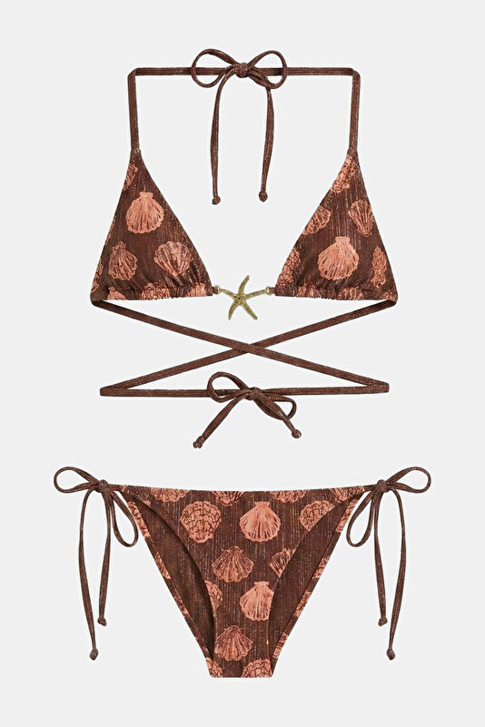 Bordo Desenli Bağcıklı Kadın Bikini