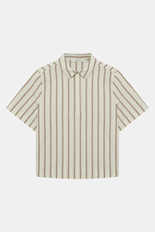 Cream Striped Polo Shirt for Women