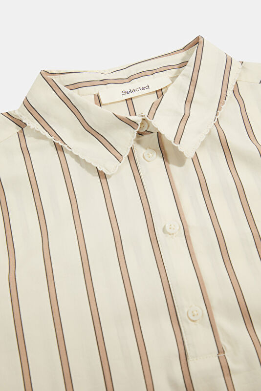 Cream Striped Polo Shirt for Women 3