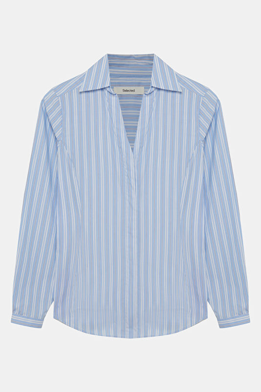 Blue Striped Patterned Polo Shirt Women's Shirt