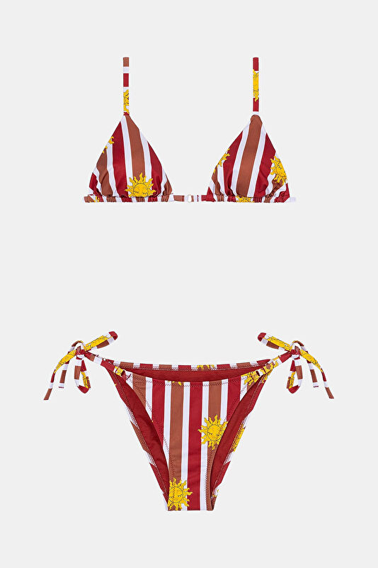 Bordo Çizgili Desenli Bağcıklı Kadın Bikini