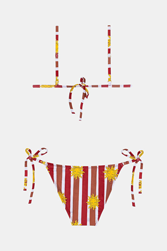 Bordo Çizgili Desenli Bağcıklı Kadın Bikini 2