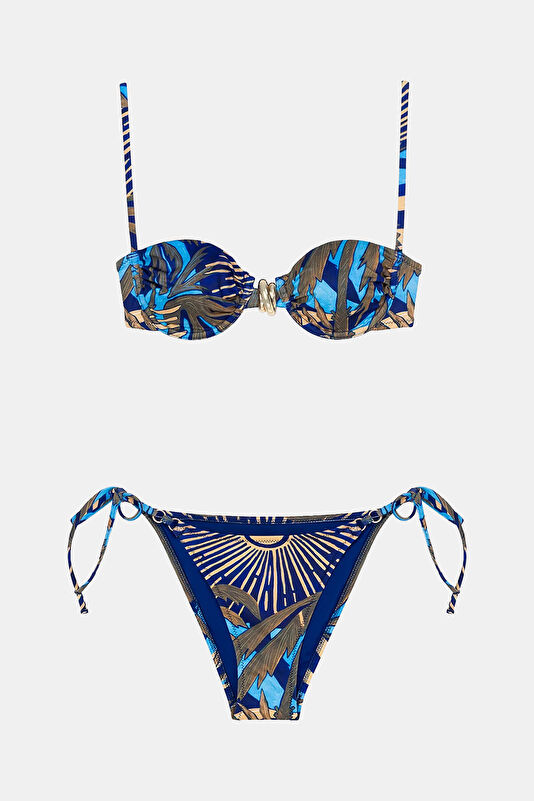 Mavi Çiçek Desenlı Bağcıklı Kadın Bikini