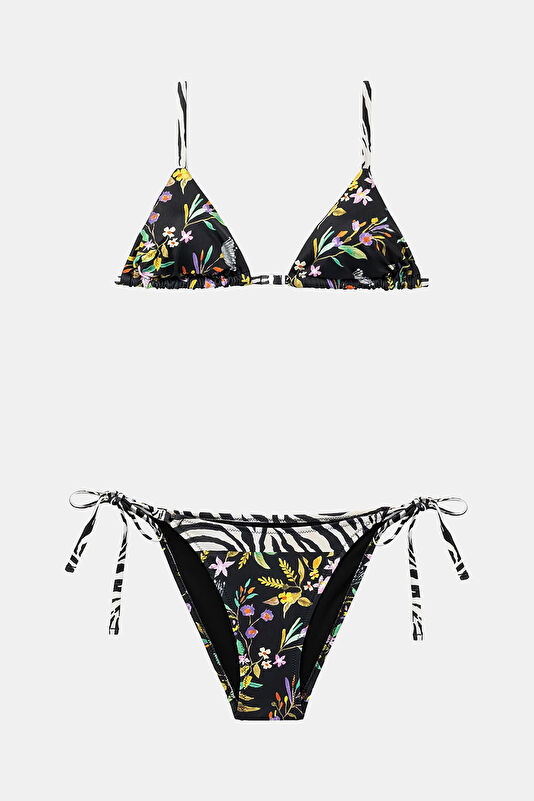 Black Floral Patterned Lace-up Women's Bikini