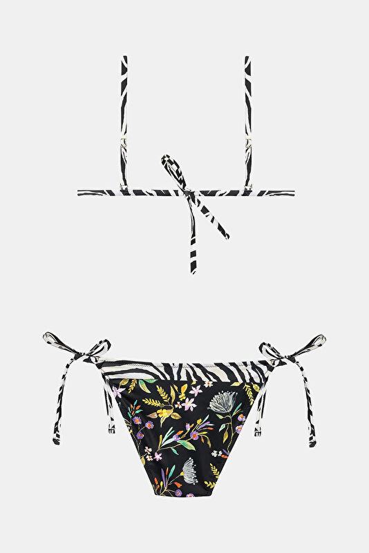 Siyah Çiçek Desenlı Bağcıklı Kadın Bikini 2