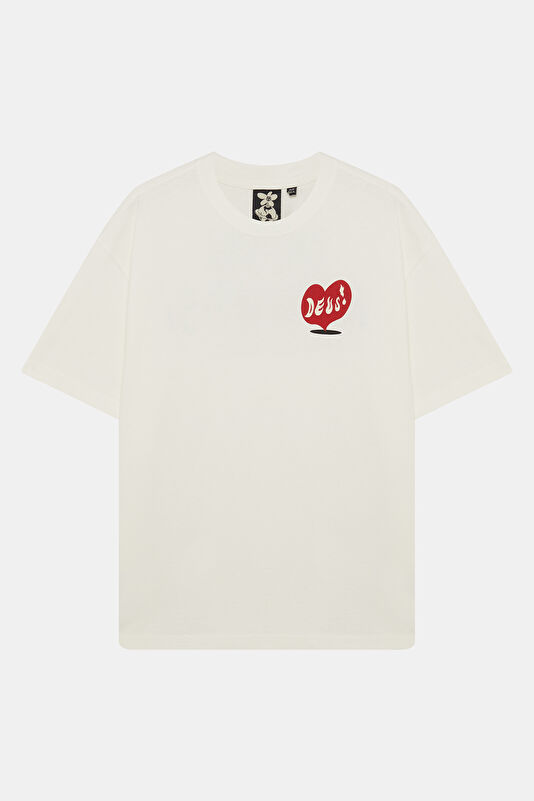 Relax Kalıp Ekru Bisiklet Yaka Baskılı Erkek T-Shirt