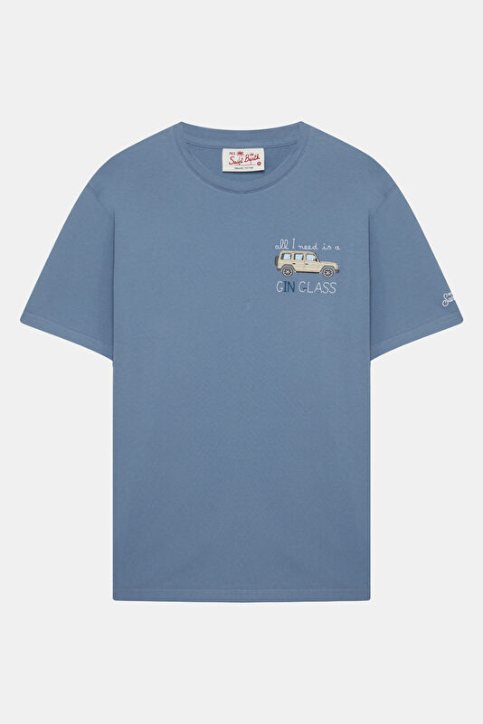 Relax Kalıp Mavi Bisiklet Yaka Baskılı Erkek T-Shirt