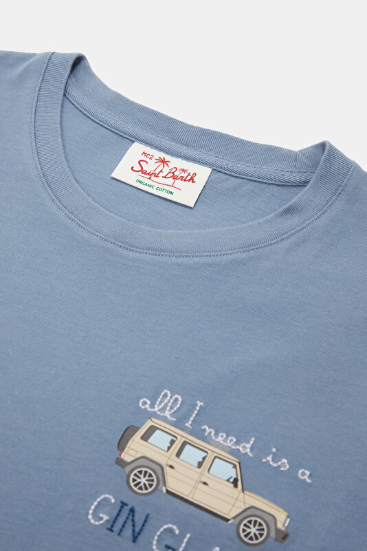 Relax Kalıp Mavi Bisiklet Yaka Baskılı Erkek T-Shirt 3
