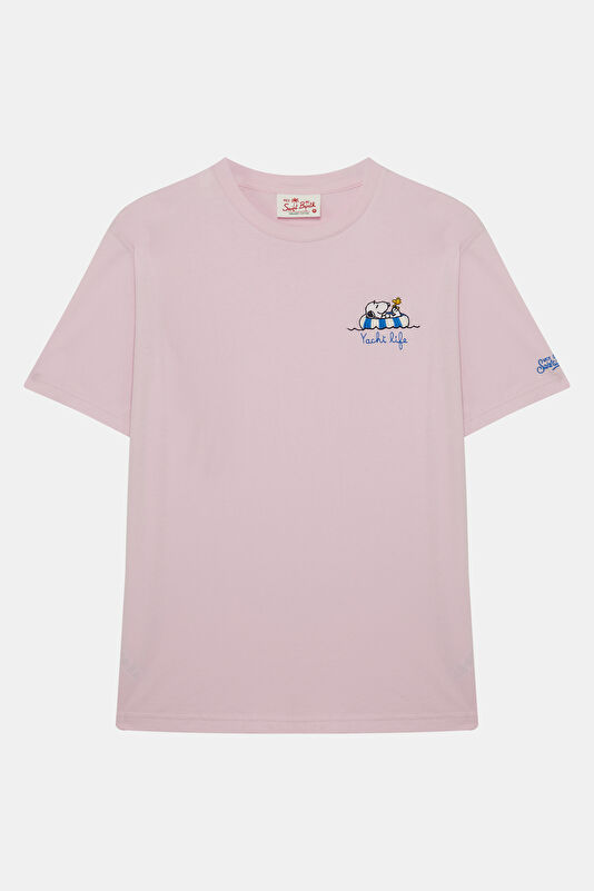 Relax Kalıp Pembe Bisiklet Yaka Baskılı Erkek T-Shirt