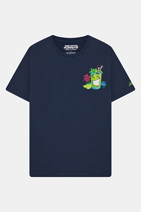 Portland Relax Kalıp Lacivert Bisiklet Yaka Baskılı Erkek T-Shirt