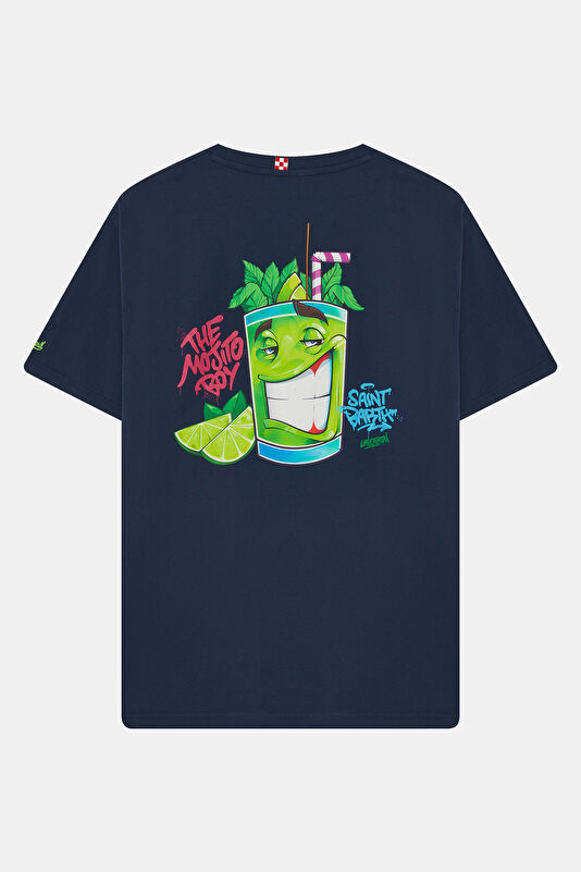 Portland Relax Kalıp Lacivert Bisiklet Yaka Baskılı Erkek T-Shirt 2