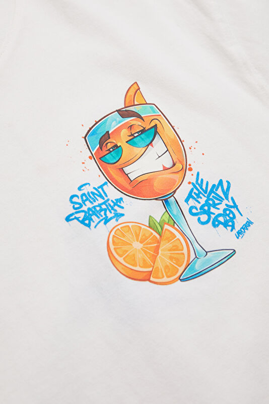 Relax Kalıp Beyaz Bisiklet Yaka Baskılı Erkek T-Shirt 4