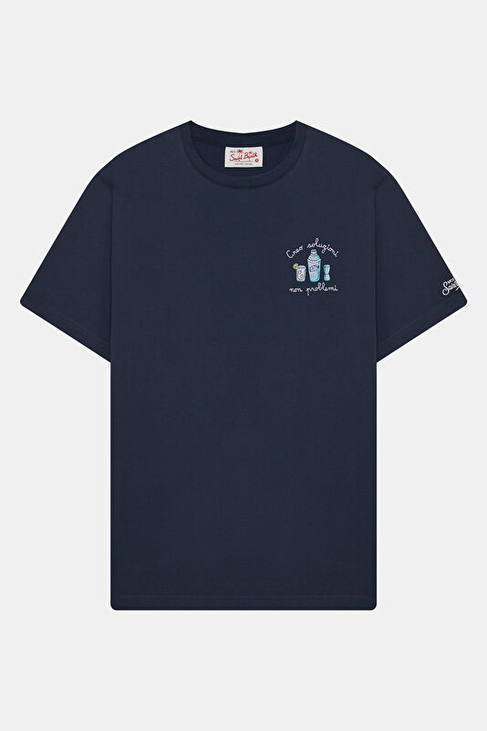 Relax Kalıp Lacivert Bisiklet Yaka Baskılı Erkek T-Shirt