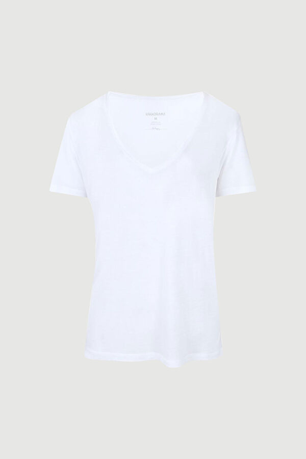 Beyaz V Yaka Düz T-Shirt