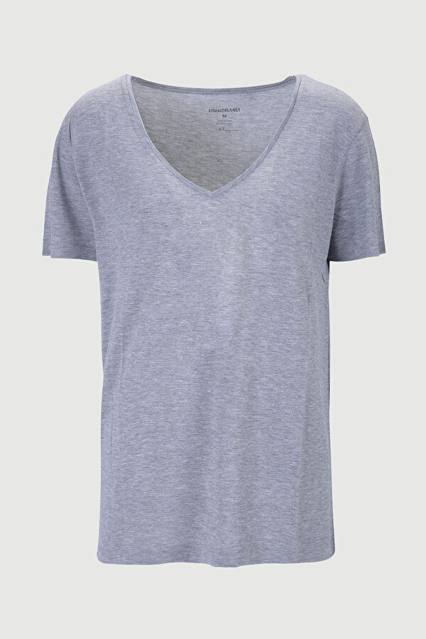 Gri V Yaka Düz T-Shirt 3