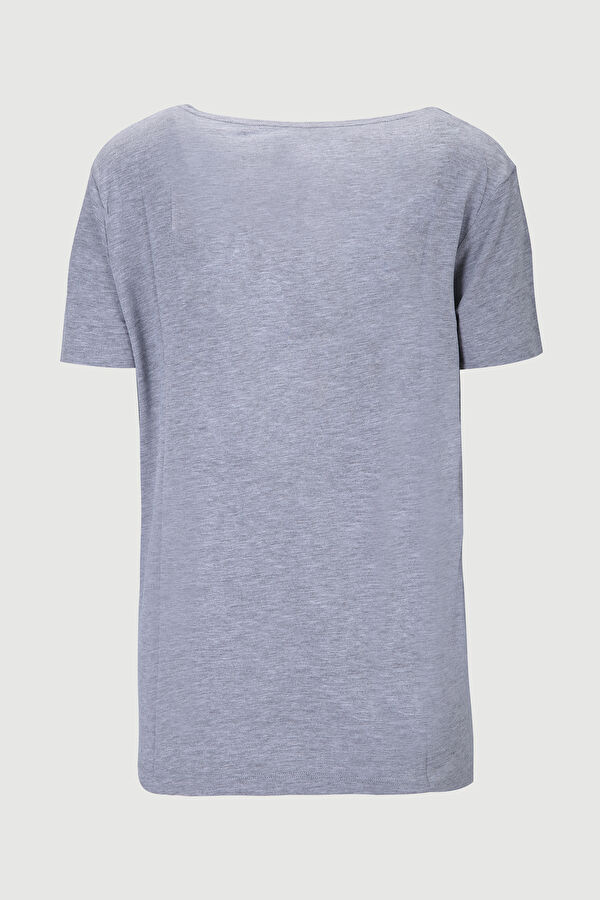 Gri V Yaka Düz T-Shirt 4