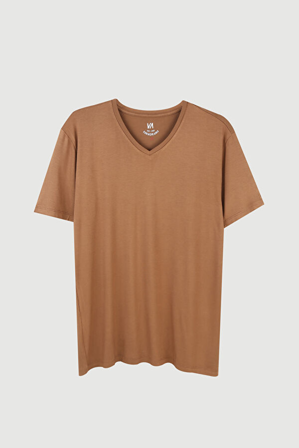 Kahve V Yaka Düz Erkek T-Shirt