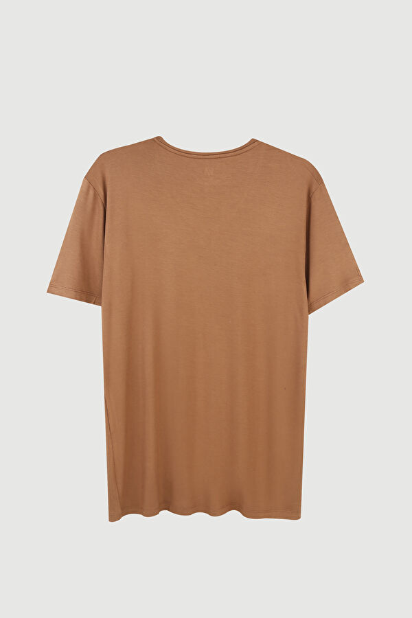Kahve V Yaka Düz Erkek T-Shirt 2