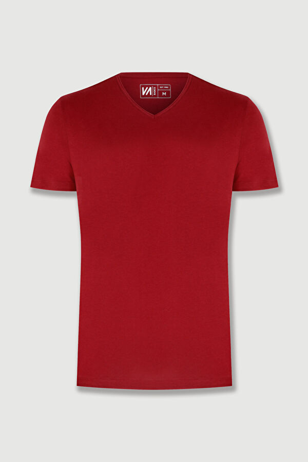 Bordo V Yaka Düz Erkek T-Shirt