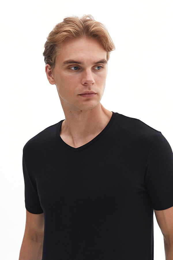 Slim Fit Black V-Neck Men's T-Shirt 2