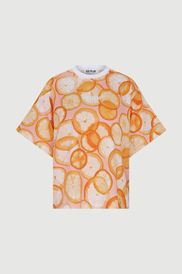 Turuncu O Yaka Baskılı T-Shirt