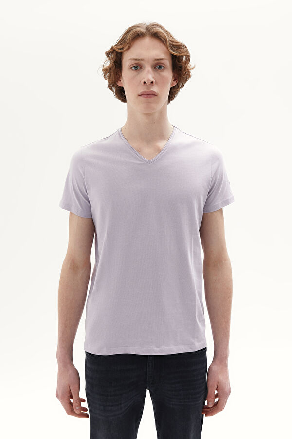Lila V Yaka Düz T-Shirt